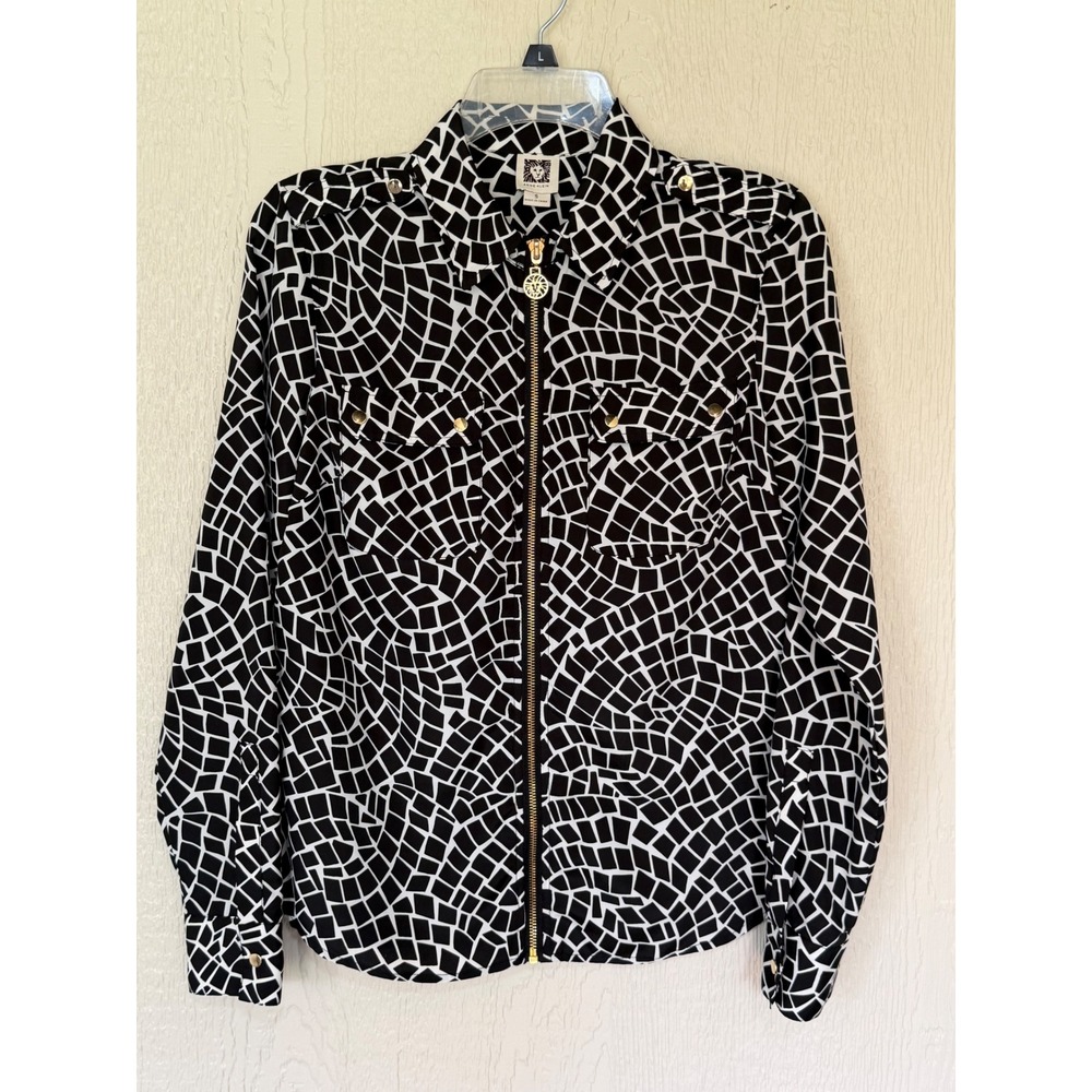 Anne Klein Womens Geometric Mosaic Zip Front Blouse Black White Gold Lion S